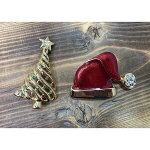 2 ~ Christmas Brooches Santa Hat & Christmas Tree Rhinestones Gold Tone